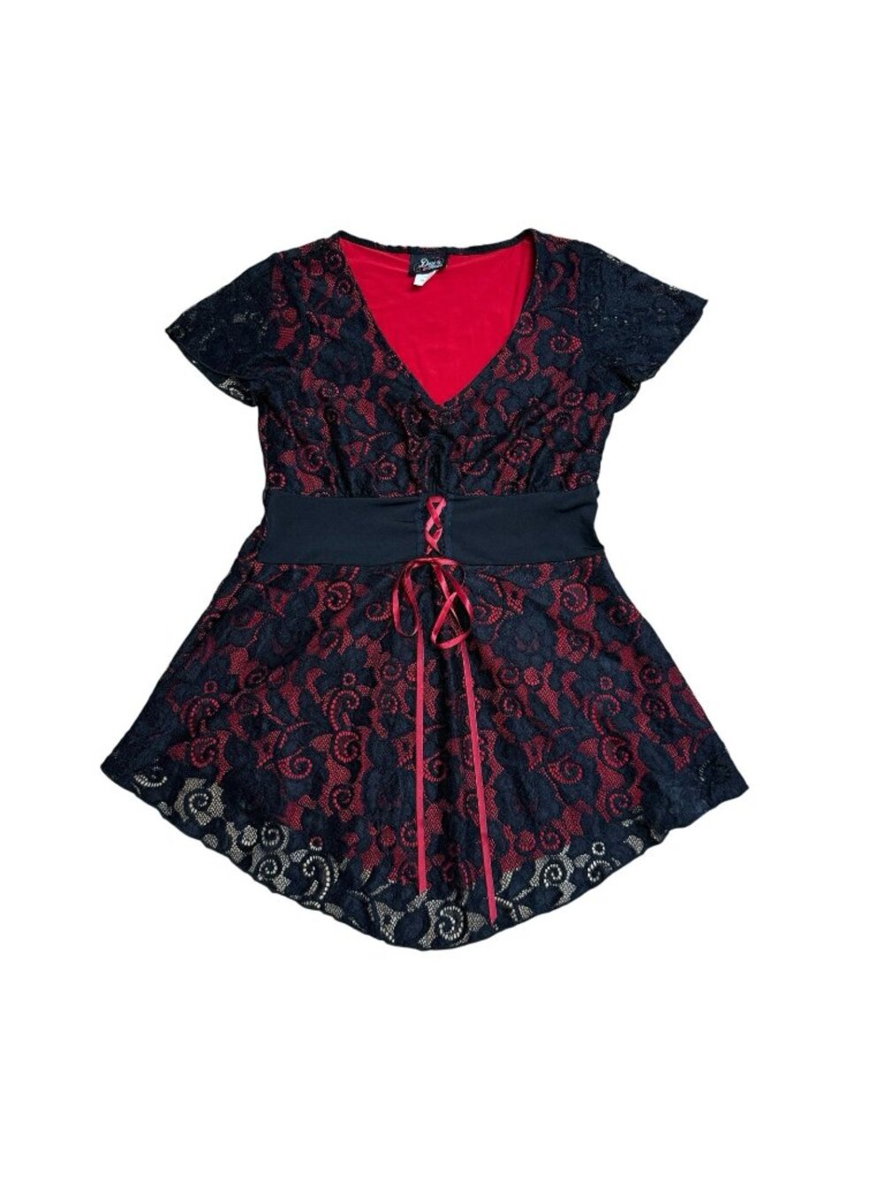 DARE TO WEAR CORSET TOP LACE FLORAL BLACK RED SIZE M GOTHIC VICTORIAN V-NECK